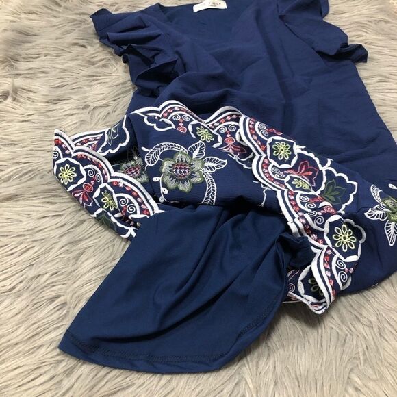 🆕 Love Kuza Navy Embroidered Floral Scalloped Ruffle Shift - Picture 7 of 11